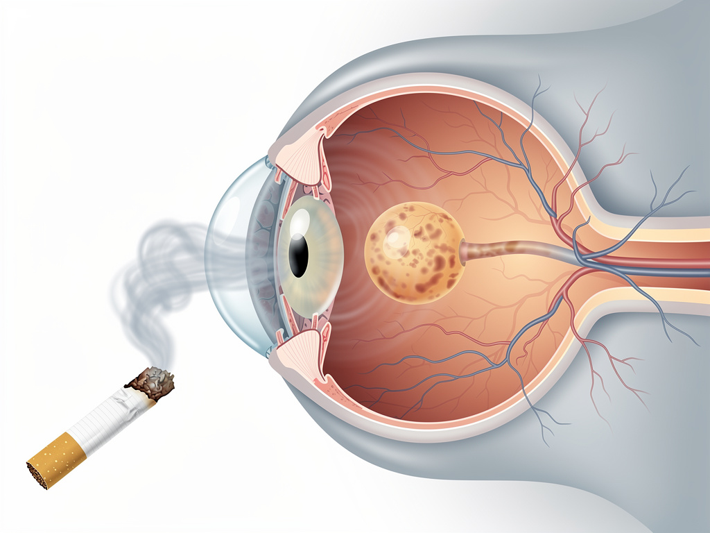 Cross-section of a human eye showing damage from smoking, including cataract formation in the lens and potential macular degeneration in the retina, with a cigarette emitting smoke nearby.