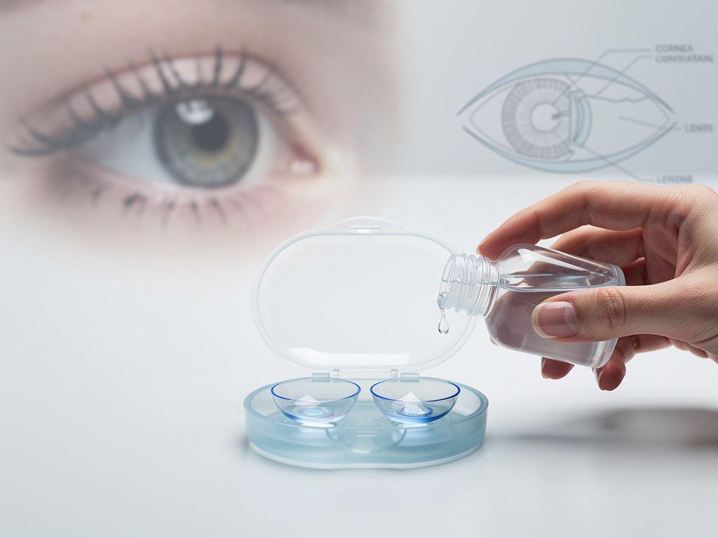 A pair of contact lenses in a case with a bottle of solution, set against a soft blue background with a subtle eye diagram, illustrating proper contact lens care for healthy eyes.