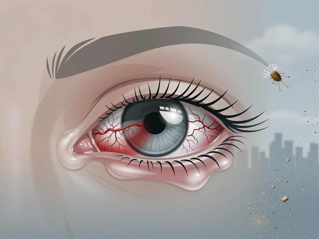 A close-up of a human eye showing redness and swelling due to allergies, with subtle pollen and dust particles in the background, illustrating seasonal eye allergy triggers in Karachi.