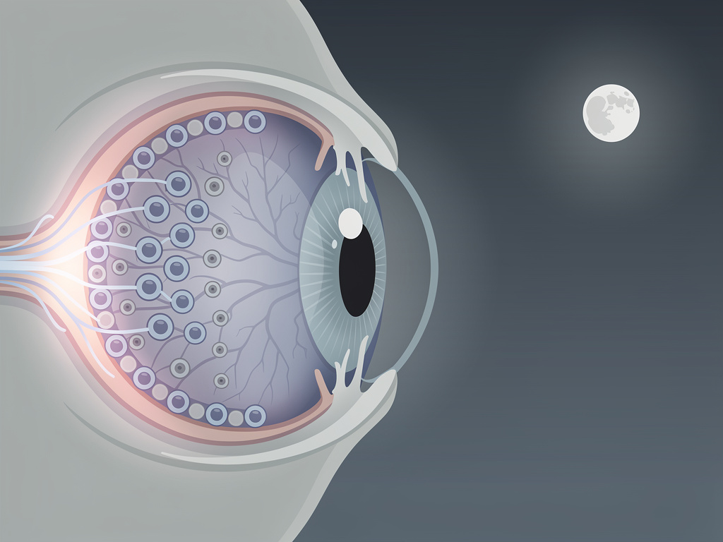 A cross-section of a human eye illustrating the concept of night blindness and its impact on vision in low light.